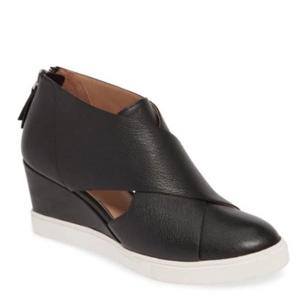 Linea Paolo Faith Black Leather Cutout Wedge Sneakers